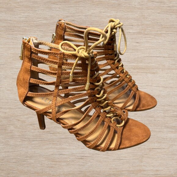 Report Berner Brown Caged Sandal Heel Women’s Size 6 Gladiator Summer Goddess - Picture 1 of 6